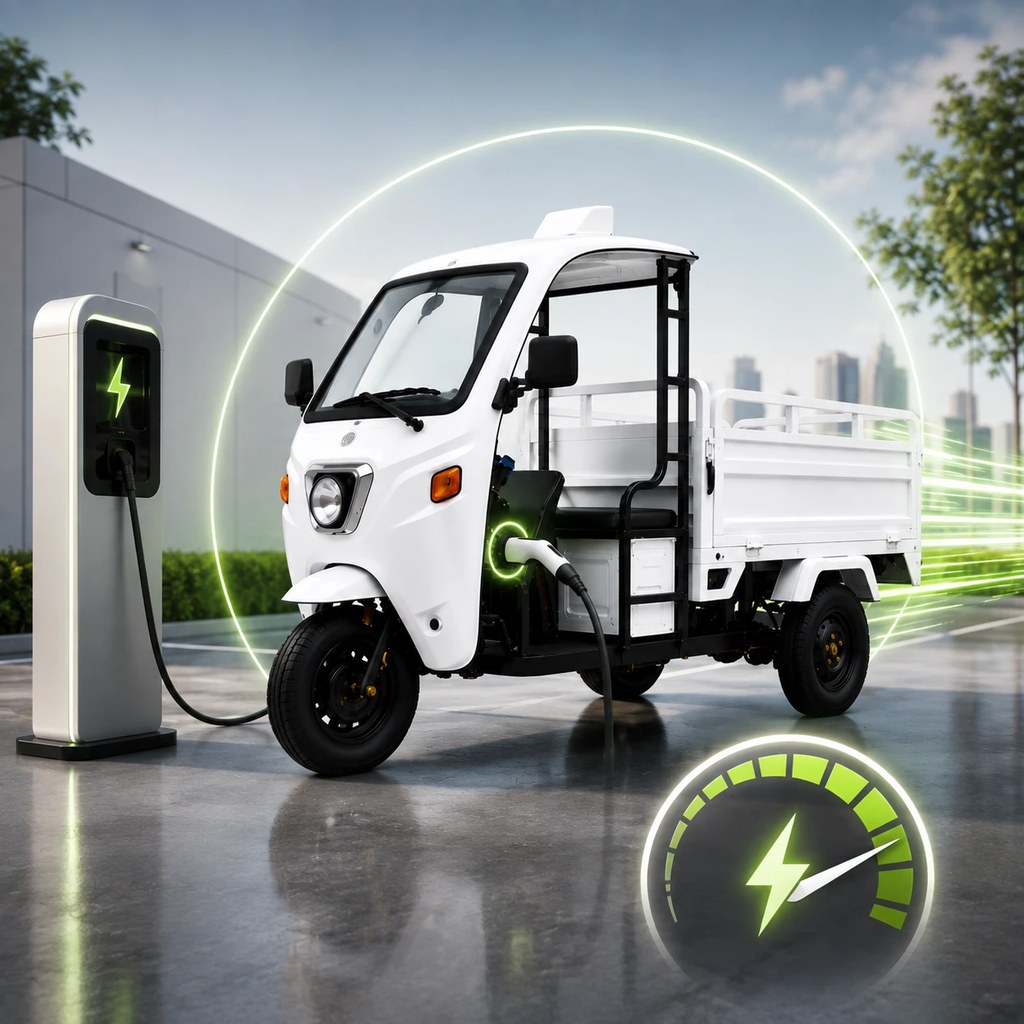KAFE cargo EV plugged into a fast-charging station with a charge gauge filling up