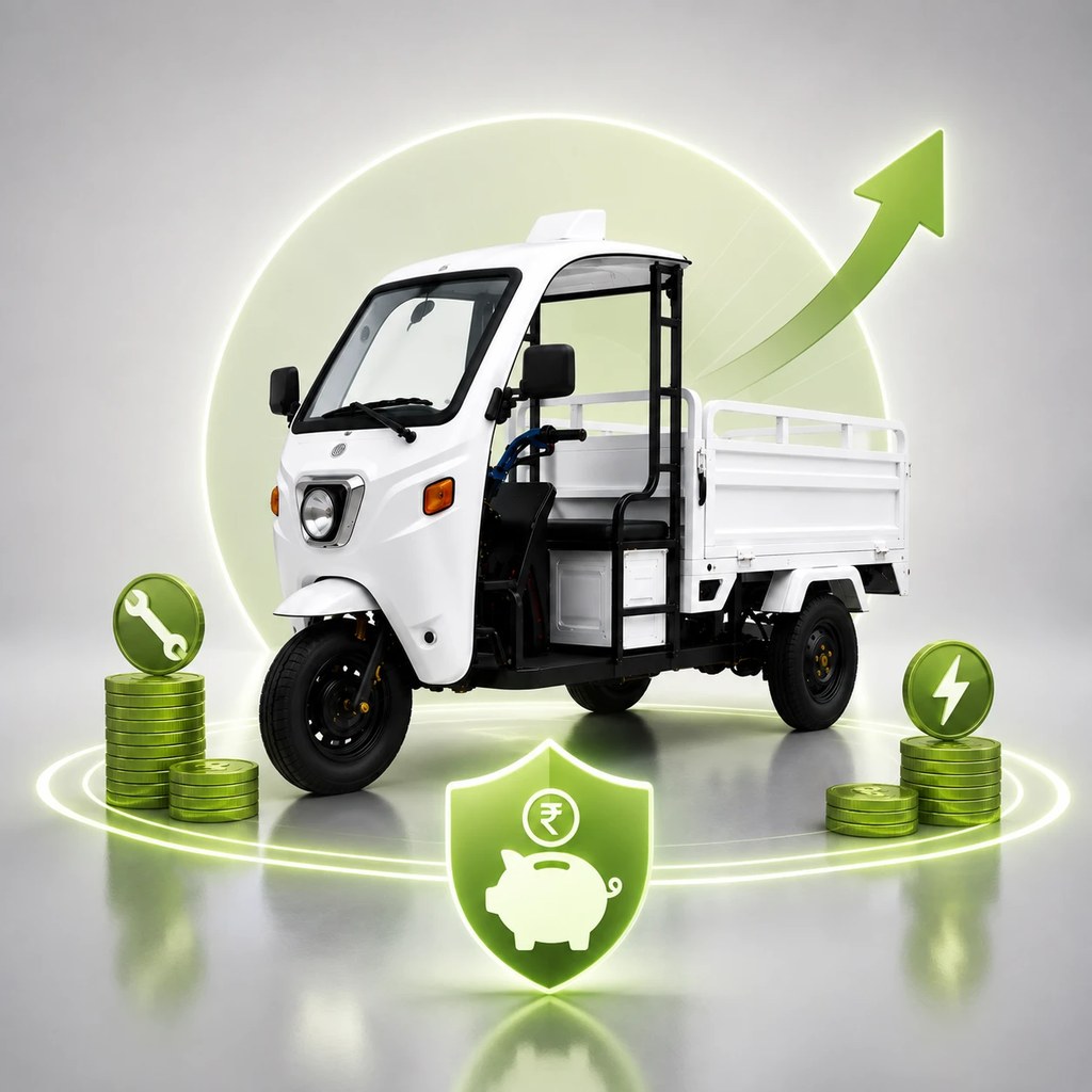 KAFE cargo EV with stacked green coins, a rising savings arrow and a piggy-bank shield